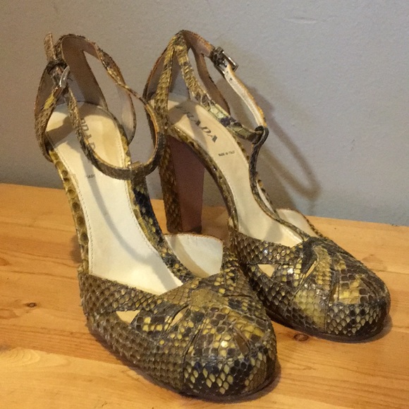 Prada Shoes - PRADA Snakeprint T strap Heels Size 38
